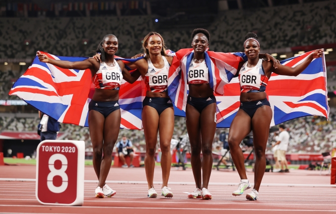 The British womens 4x100m relay team celebrate at Tokyo 2020
